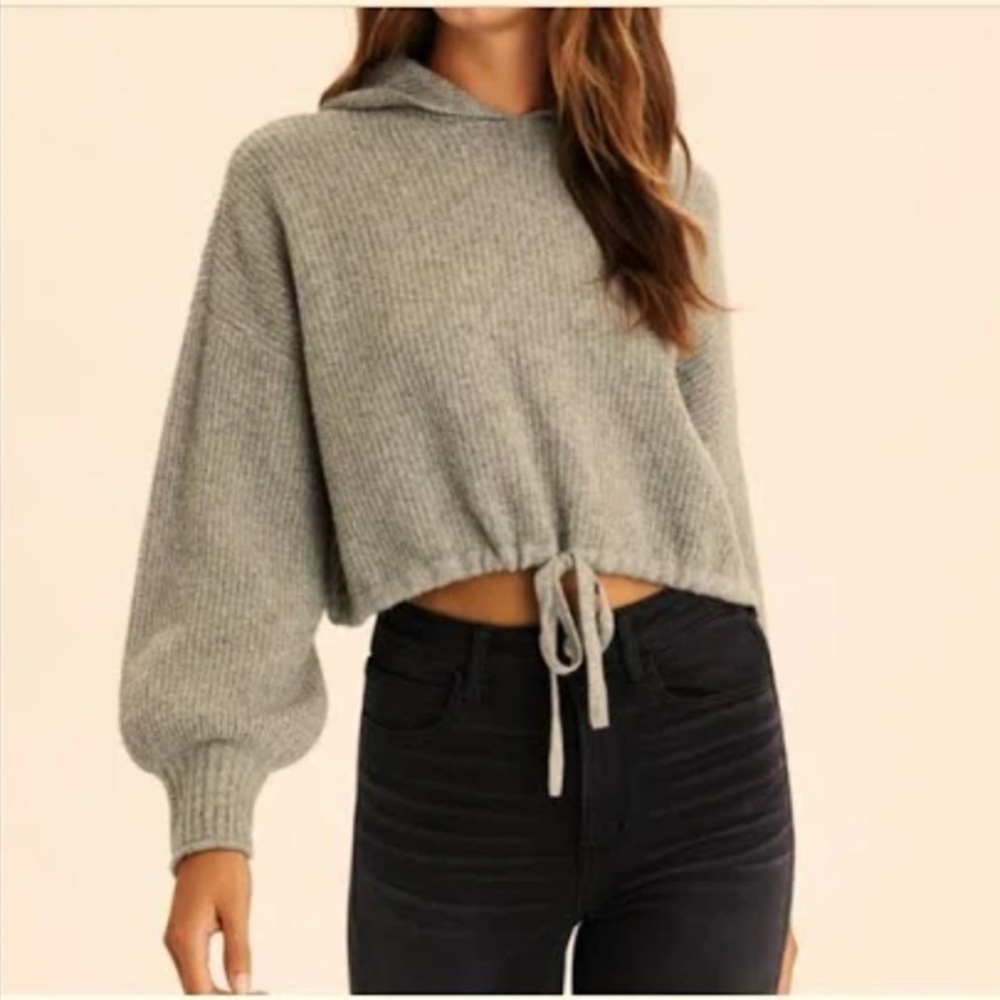 American Eagle Hooded Cropped Sweater Textured Rib Knit Heather Gray